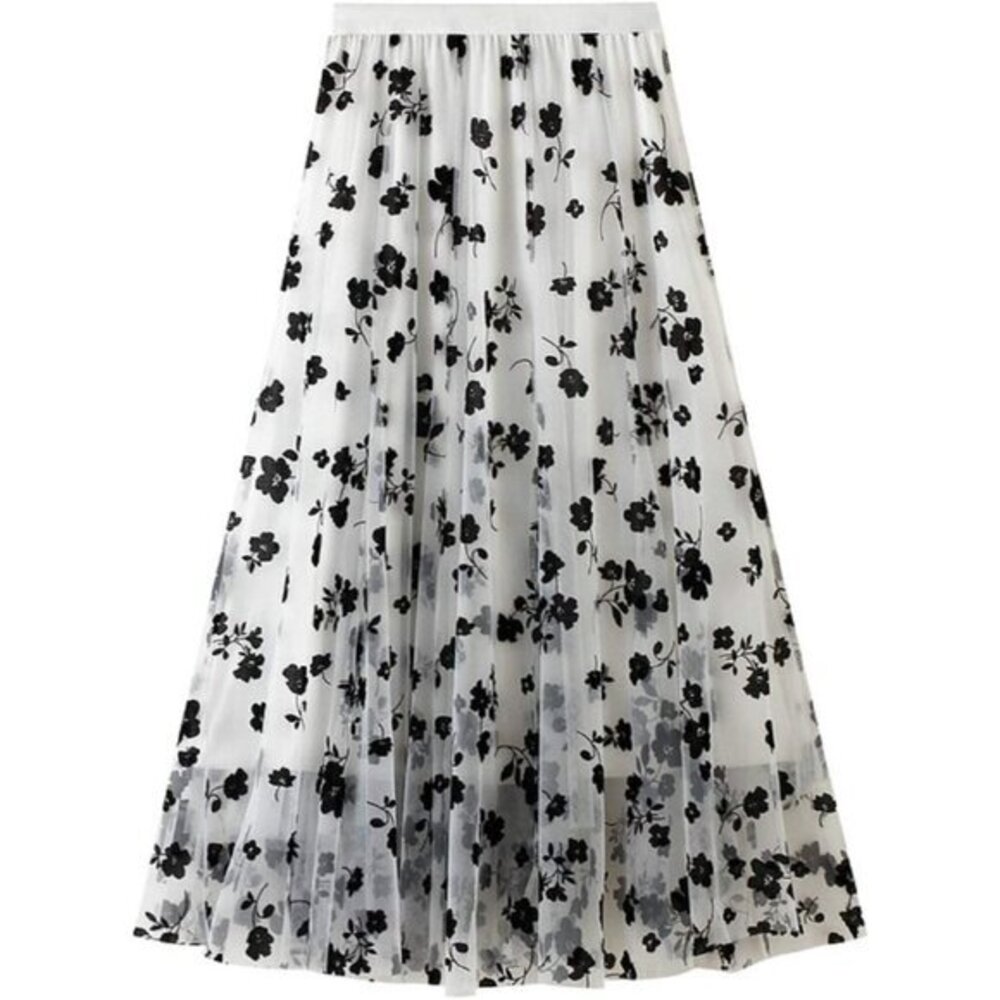 High Waist Tulle Ruffle Pleated A-Line Swing Midi Skirt